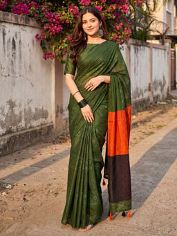 Akhilam - Women's Cotton Green Digital Print Tussar Saree with Unstitched Blouse