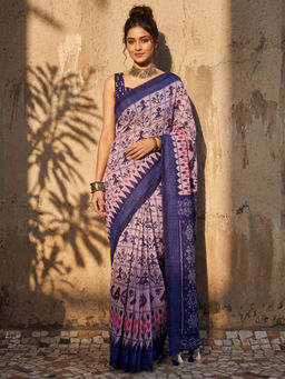 Akhilam - Women's Cotton Blue Printed Pochampally Saree with Unstitched Blouse