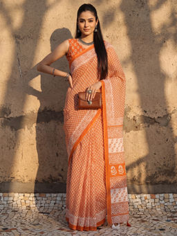 Akhilam - Women's Cotton Orange Printed Block Print Saree with Unstitched Blouse