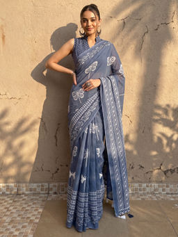 Akhilam - Women's Cotton Charcoal Printed Block Print Saree with Unstitched Blouse