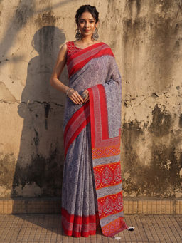 Akhilam - Women's Cotton Grey Printed Block Print Saree with Unstitched Blouse