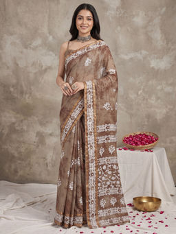 Akhilam - Women's Cotton Camel Brown Printed Block Print Saree with Unstitched Blouse