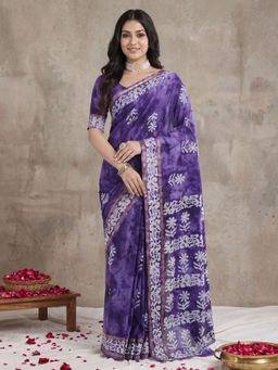 Akhilam - Women's Cotton Purple Printed Block Print Saree with Unstitched Blouse