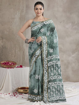 Akhilam - Women's CottonAqua Printed Block Print Saree with Unstitched Blouse