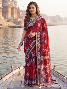 Akhilam - Women's Cotton Red Printed Block Print Saree with Unstitched Blouse