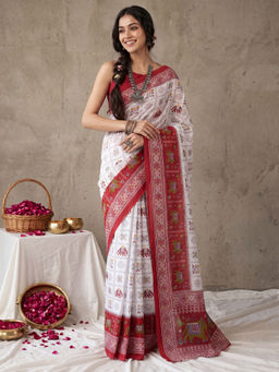 Akhilam - Women's Cotton White Printed Patola Saree with Unstitched Blouse