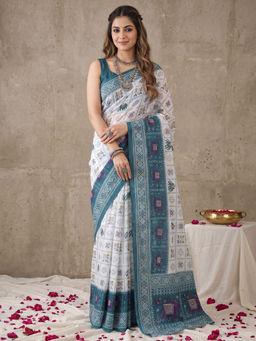 Akhilam - Women's Cotton White Printed Patola Saree with Unstitched Blouse