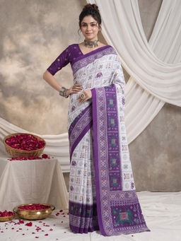 Akhilam - Women's Cotton White Printed Patola Saree with Unstitched Blouse