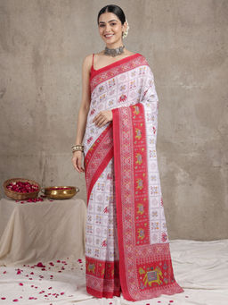 Akhilam - Women's Cotton White Printed Patola Saree with Unstitched Blouse