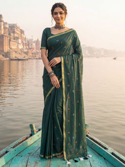 Akhilam - Women's Cotton Green Printed Party Wear Saree with Unstitched Blouse