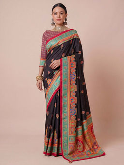 Akhilam - Women's Silk Blend Black Printed Party Wear Saree with Unstitched Blouse