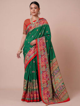 Akhilam - Women's Silk Blend Green Printed Party Wear Saree with Unstitched Blouse