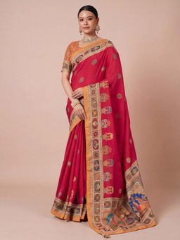 Akhilam - Women's Silk Blend Pink Printed Party Wear Saree with Unstitched Blouse
