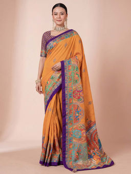 Akhilam - Women's Silk Blend Mustard Printed Party Wear Saree with Unstitched Blouse