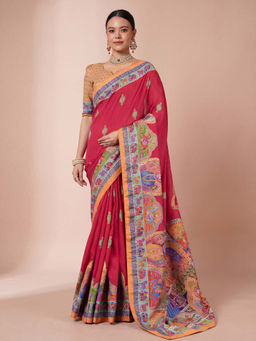 Akhilam - Women's Silk Blend Pink Printed Party Wear Saree with Unstitched Blouse