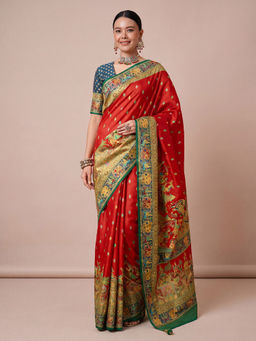 Akhilam - Women's Viscose Red Digital Print Banarasi Saree with Unstitched Blouse