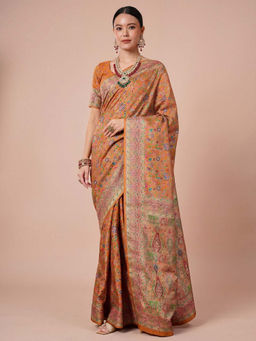 Akhilam - Women's Dola Silk Orange Woven Design Banarasi Saree with Unstitched Blouse