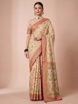 Akhilam - Women's Dola Silk Cream Woven Design Banarasi Saree with Unstitched Blouse