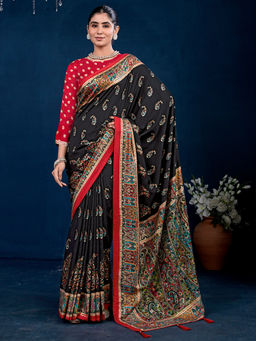 Akhilam - Women's Tussar Silk Black Printed Banarasi Saree with Unstitched Blouse