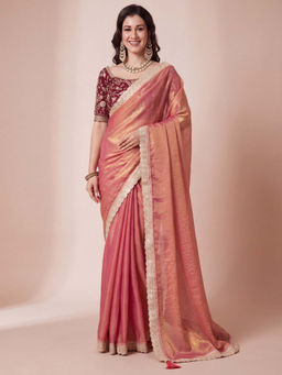 Akhilam - Women's Organza Rose Gold Embellished Party Wear Saree With Unstitched Blouse