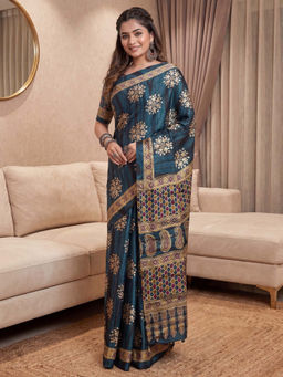 Akhilam - Women's Pure Crepe Teal Printed Block Print Saree With Unstitched Blouse