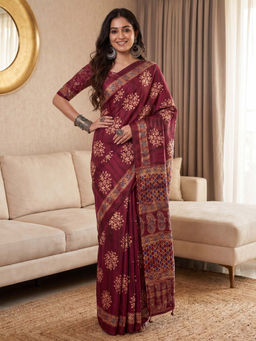 Akhilam - Women's Pure Crepe Burgundy Printed Block Print Saree With Unstitched Blouse