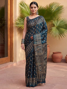 Akhilam - Women's Pure Crepe Teal Printed Block Print Saree With Unstitched Blouse