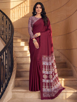 Akhilam - Women's Satin Silk Maroon Printed Party Wear Saree With Unstitched Blouse