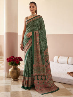 Akhilam - Women's Satin Green Printed Block Print Saree With Unstitched Blouse