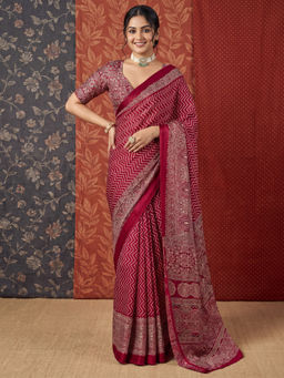 Akhilam - Women's Satin Maroon Printed Block Print Saree With Unstitched Blouse