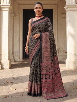 Akhilam - Women's Satin Black Printed Block Print Saree With Unstitched Blouse