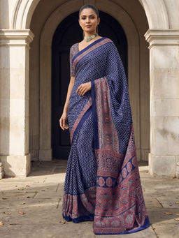 Akhilam - Women's Satin Blue Printed Block Print Saree With Unstitched Blouse