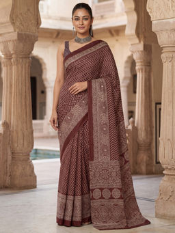 Akhilam - Women's Satin Coffee Brown Printed Block Print Saree With Unstitched Blouse