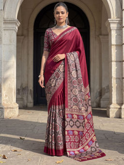 Akhilam - Women's Satin Maroon Printed Block Print Saree With Unstitched Blouse