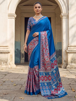 Akhilam - Women's Satin Blue Printed Block Print Saree With Unstitched Blouse