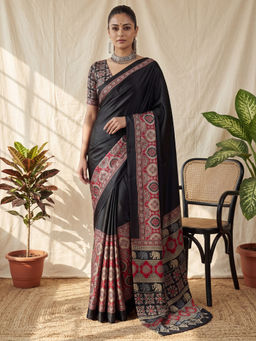 Akhilam - Women's Satin Black Printed Block Print Saree With Unstitched Blouse