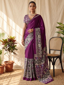 Akhilam - Women's Satin Wine Printed Block Print Saree With Unstitched Blouse