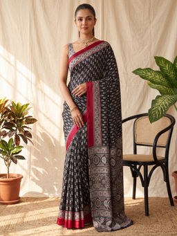 Akhilam - Women's Satin Black Printed Block Print Saree With Unstitched Blouse