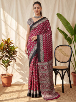 Akhilam - Women's Satin Maroon Printed Block Print Saree With Unstitched Blouse