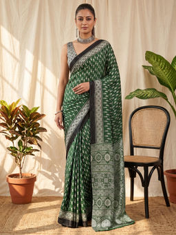 Akhilam - Women's Satin Green Printed Block Print Saree With Unstitched Blouse