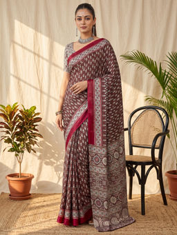 Akhilam - Women's Satin Coffee Brown Printed Block Print Saree With Unstitched Blouse