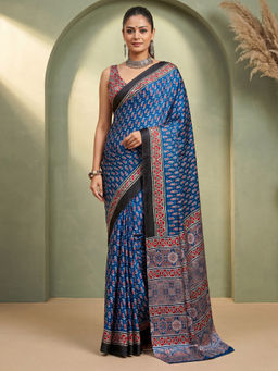 Akhilam - Women's Satin Blue Printed Block Print Saree With Unstitched Blouse