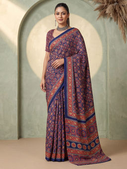 Akhilam - Women's Satin Blue Printed Block Print Saree With Unstitched Blouse