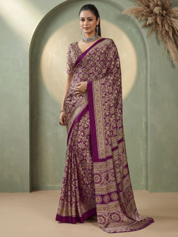 Akhilam - Women's Satin Wine Printed Block Print Saree With Unstitched Blouse