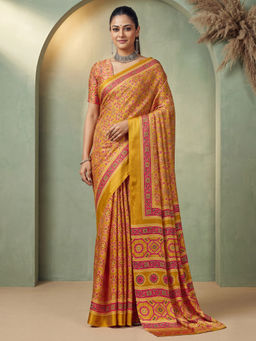 Akhilam - Women's Satin Mustard Printed Block Print Saree With Unstitched Blouse