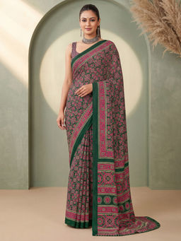 Akhilam - Women's Satin Green Printed Block Print Saree With Unstitched Blouse