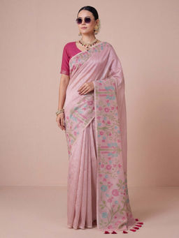 Akhilam - Women's Tissue Pink Woven Design Banarasi Saree with Unstitched Blouse