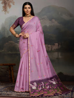 Akhilam - Women's Pure Cotton Lavender Design Muga Saree With Unstitched Blouse