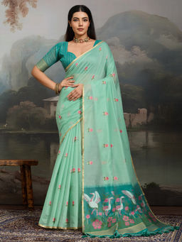 Akhilam - Women's Pure Cotton Aqua Design Muga Saree With Unstitched Blouse