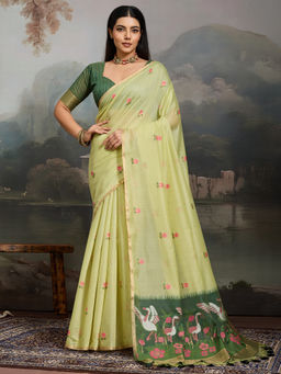 Akhilam - Women's Pure Cotton Light Green Design Muga Saree With Unstitched Blouse